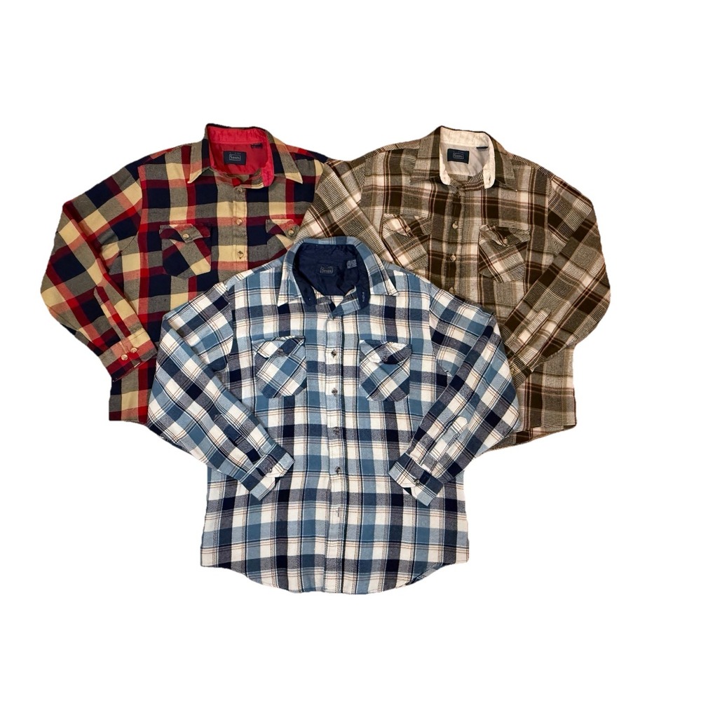 Lot Of 3 Vintage 70s 80s Sears Flannel Shirts Mens Large Acrylic Plaid Work